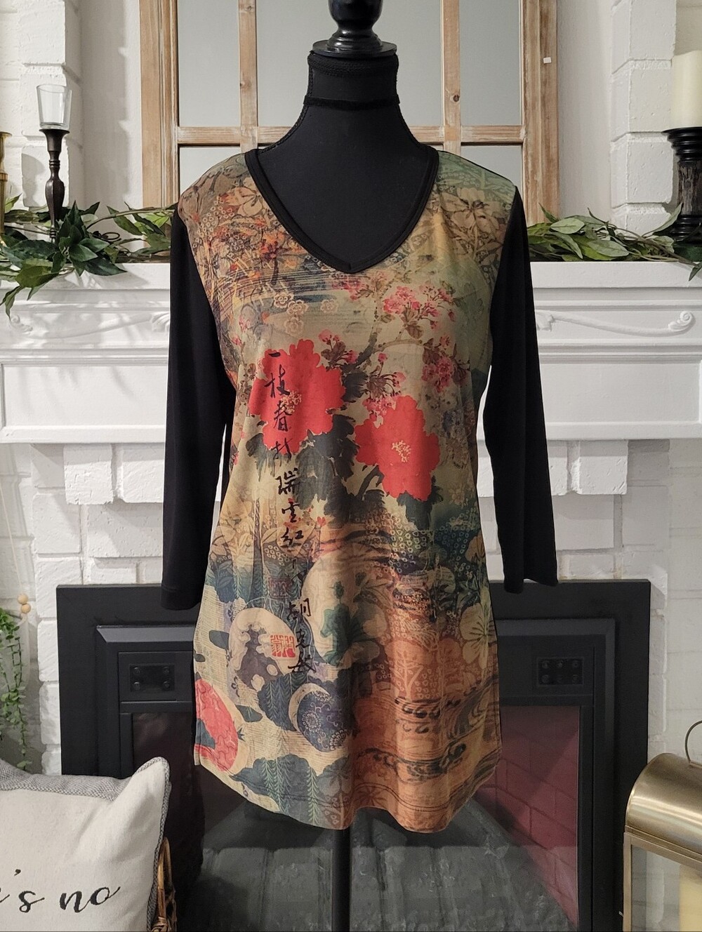 Y2k Floral Japanese Print V-Neck 3/4 Sleeves Whimsigoth Grunge Artzy Tunic Top
